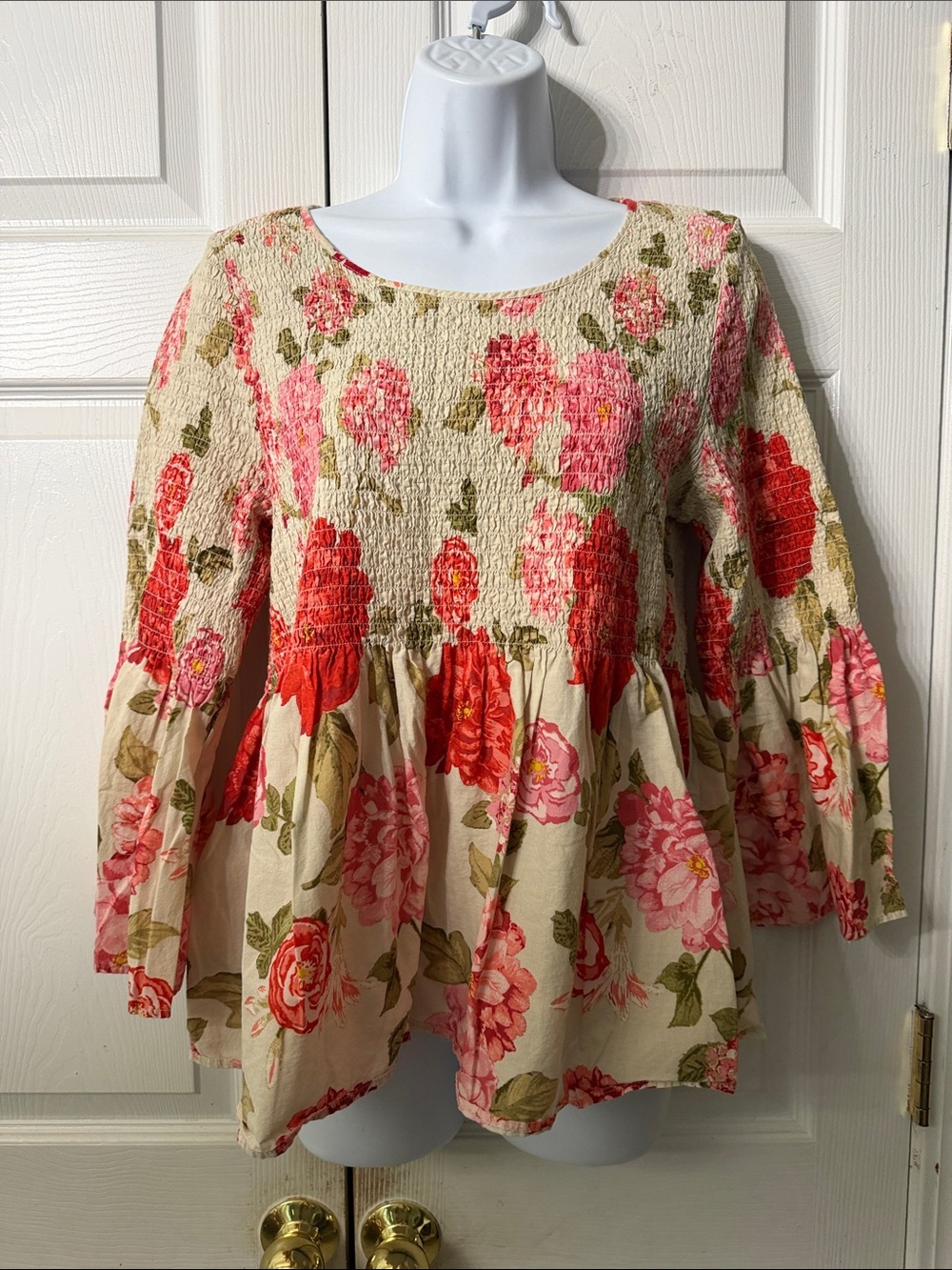 Jane and Delancey Floral Smocked Peplum Top Pink & Cream Bell Sleeves Sz XL EUC